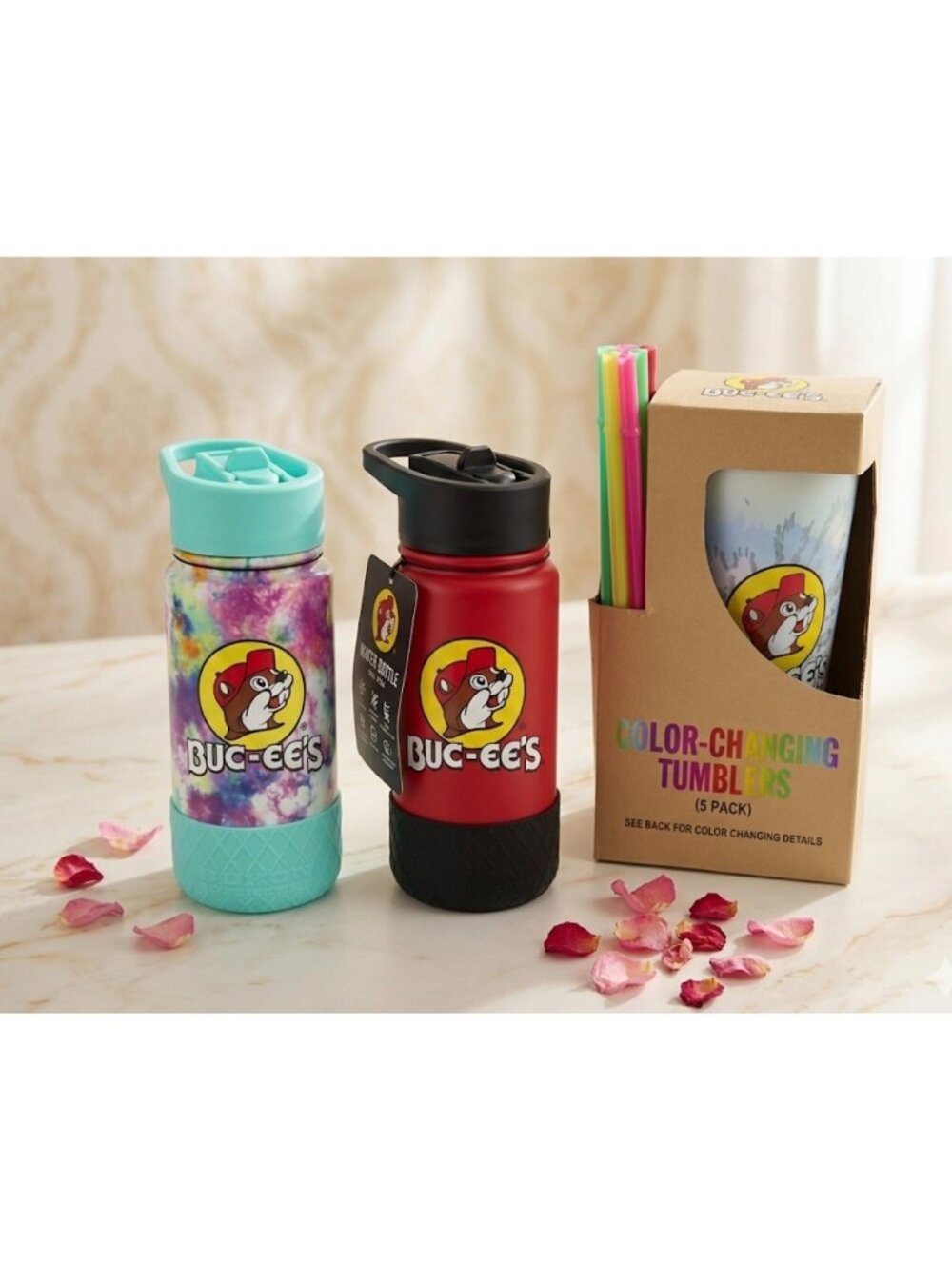Set of 3 Buc-ees Water Bottles 16 Oz Tie-Dye & Red With Straw & Lid Stainless St